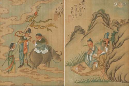 Two Chinese Republic pictures on silk depicting a boy on buffalo with attendants amongst clouds