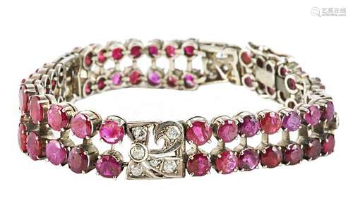 800 Silver Bracelet with 2 Rows Diamonds & Rubies