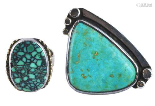 2 Turquoise Navajo Signed Sterling Rings