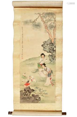 Vintage Chinese Scroll of Woman & Children