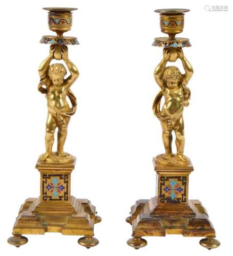 Pair of French Bronze & Champleve Candlesticks