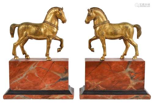 19th Ct. Pr. Gilt Bronze Horses on Faux Marble Plinths