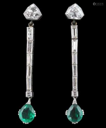 Platinum, Emerald & Diamond Drop Earrings