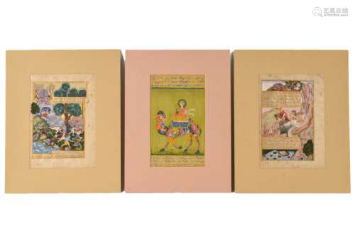 3 Indian Mughal 19th C. Watercolor Manuscripts