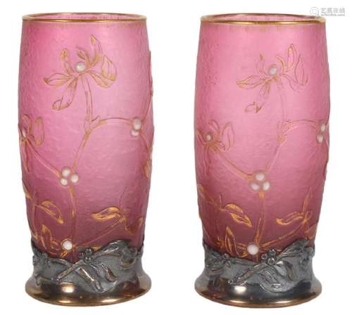 Pair of Daum Nancy Silver Mounted Cameo Vases