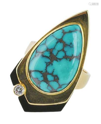 Turquoise, Onyx & Diamond 14Kt YG Ring