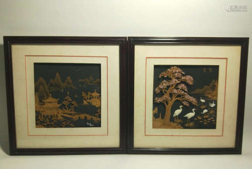 PAIR WOOD CARVED SCENERY HANGING SCREEN