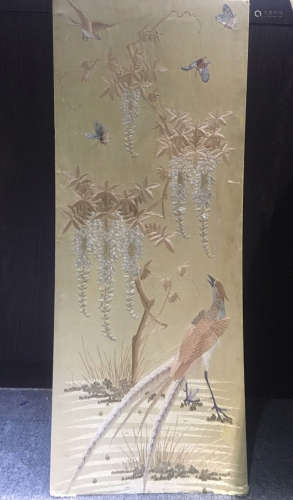 A BIRD AND FLORA EMBROIDERY SCREEN