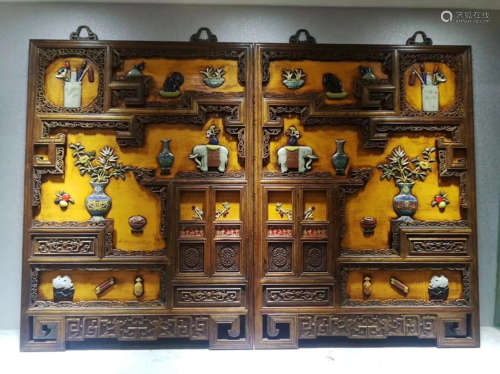 PAIR HUALI WOOD YELLOW LACQUER HANGING SCREENS