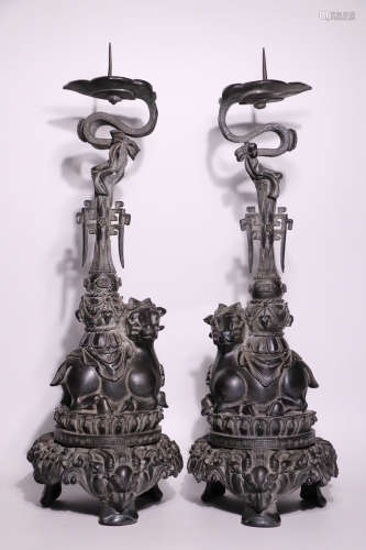 PAIR BRONZE BEAST SHAPED CANDLE HOLDERS