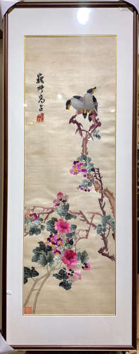 A FRAMED BIRD AND FLORA EMBROIDERY SCREEN