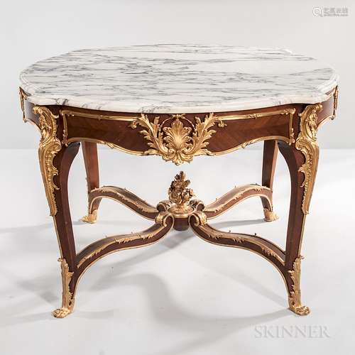 Louis XV-style Ormolu-mounted and Kingwood-veneered Marble-top Center Table