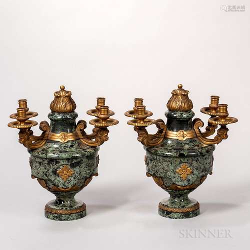 Pair of Variegated Marble Cassolette Candelabra