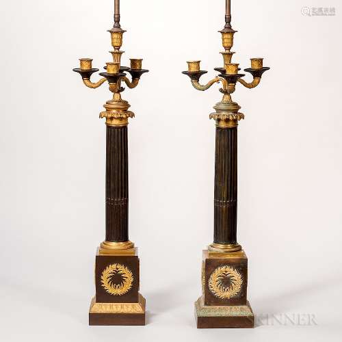 Pair of Patinated- and Gilt-bronze Candelabra Table Lamps
