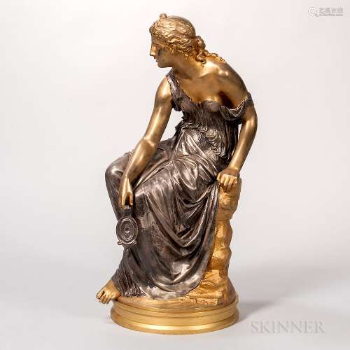 After Etienne-Henri Dumaige (French, 1830-1888)    Silvered and Gilded Bronze Figure of a Classical Maiden with Oil Lamp