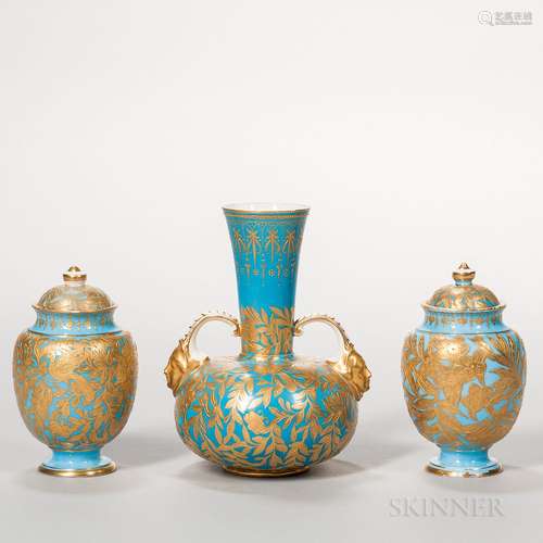 Three Derby Porcelain Powder Blue Vases