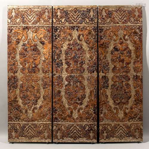 Continental Four-panel Tooled Leather Floor Screen