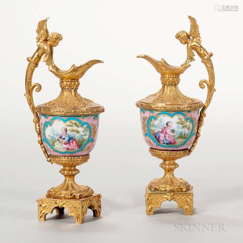 Pair of Miniature Gilt-bronze-mounted Porcelain Ewers