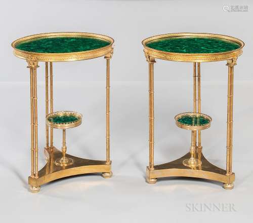 Pair of Neoclassical-style Gilt-metal and Malachite Two-tier Tables