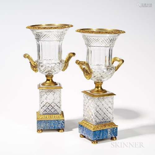 Pair of Neoclassical Bronze and Cut Glass Urns