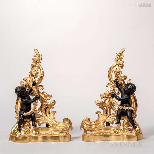 Pair of Patinated- and Gilt-bronze Chenets