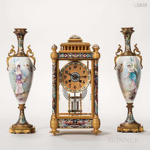 Dore Bronze, Porcelain, and Champleve Three-piece Clock Garniture