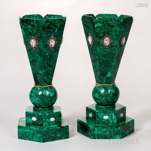 Pair of Russian Malachite Vases