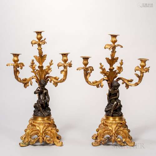 Pair of Patinated and Dore Bronze Figural Candlesticks