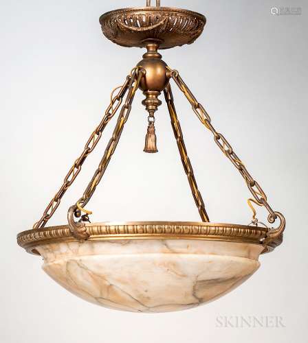 Alabaster and Gilt-bronze Hanging Light Fixture