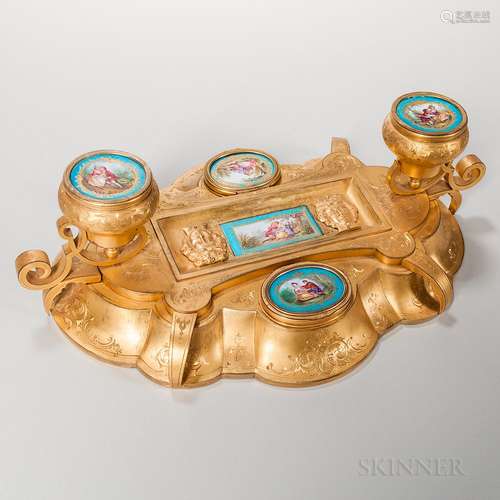 Dore Bronze and Sevres-style Porcelain Inkstand