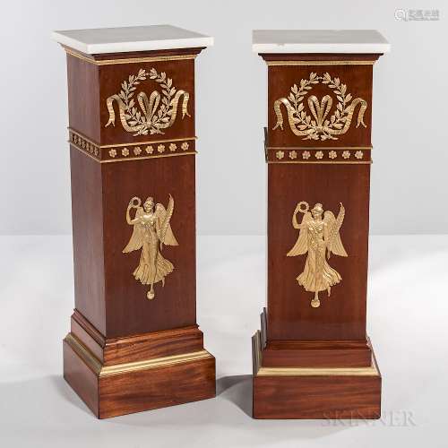 Pair of Neoclassical-style Marble-top Ormolu-mounted Tulipwood-veneered Pedestals