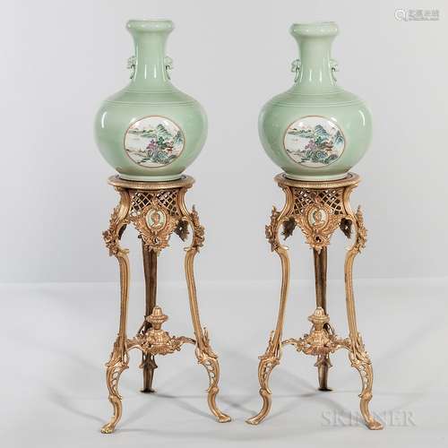 Pair of Chinese Celadon Bottle Vases with Gilt-metal Floor Stands