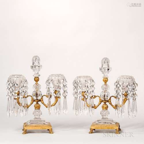 Pair of Gilt-bronze and Cut Glass Two-light Candelabra