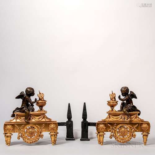 Pair of Louis XV-style Patinated- and Gilt-bronze Chenets