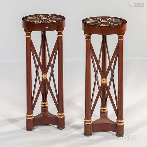 Pair of Neoclassical Mahogany and Mahogany-veneered Specimen-topped Tripod Pedestals