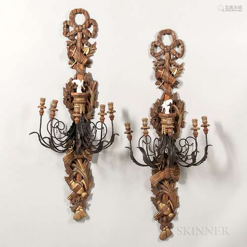 Pair of Decorative Carved Wood, Wrought Iron, Tole, and Porcelain Five-light Wall Sconces