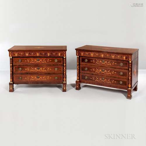 Pair of Italian Empire-style Mahogany-veneered Marquetry Commodes