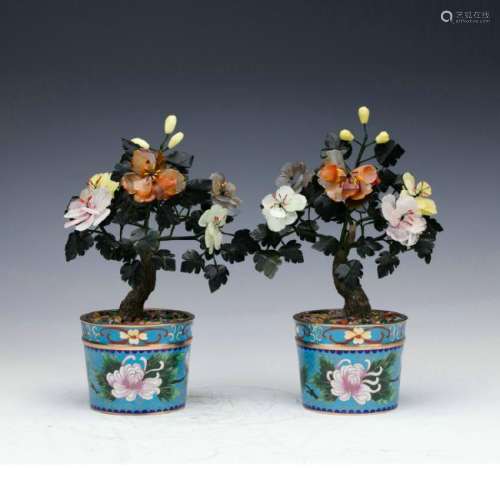 A pair jade trees with cloisonne pots