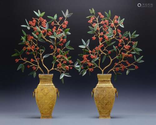 A nice pair gilt bronze vases with coral, jade