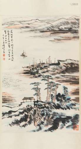 Ink and colour on paper landscape; signed Lu Yan-Shao