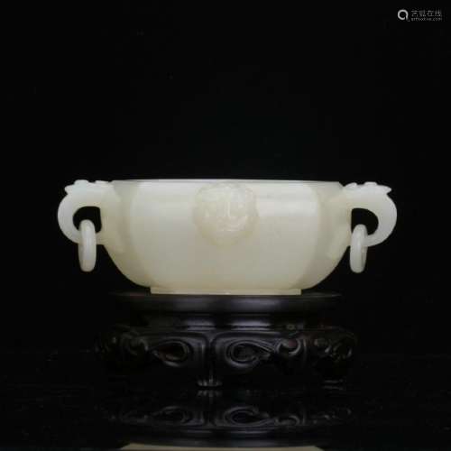 A white jade carved two ears bowl
