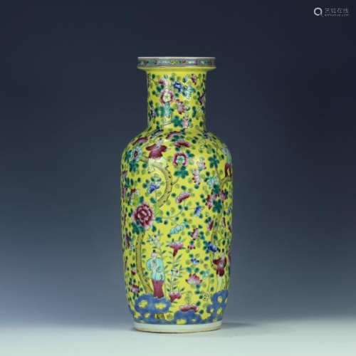 19th C. yellow ground famille rose vase