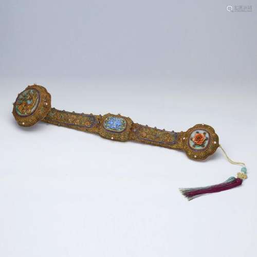 A gilt silver gems stone inlaid Ruyi sceptre