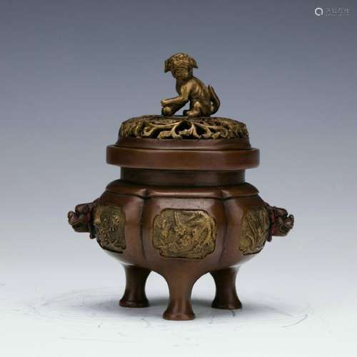 A partial gilt bronze tripod censer