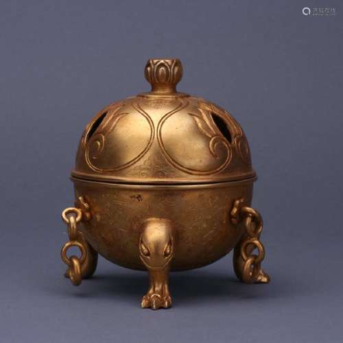 A gilt silver tripod censer with cover