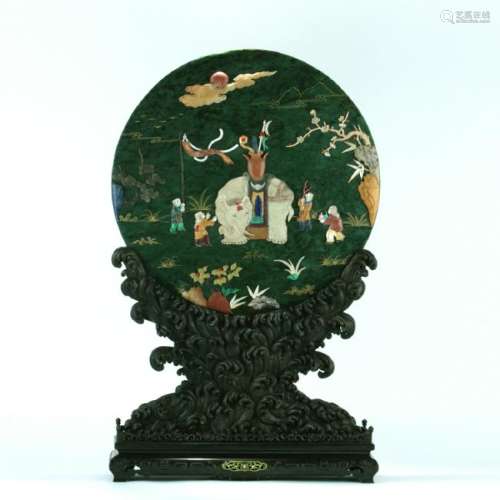 A nice spinach green jade screen/zitanwood carved stand