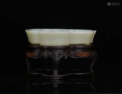 A nice white jade carved brush washer with wood stand