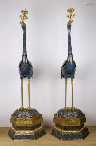 Large pair gilt bronze/enamel cloisonne crane figures