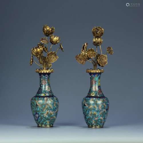 Pair cloisonne vases with gilt bronze flowers