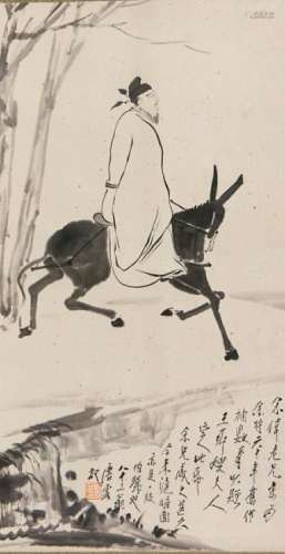 Ink on paper painting, a scholar riding donkey